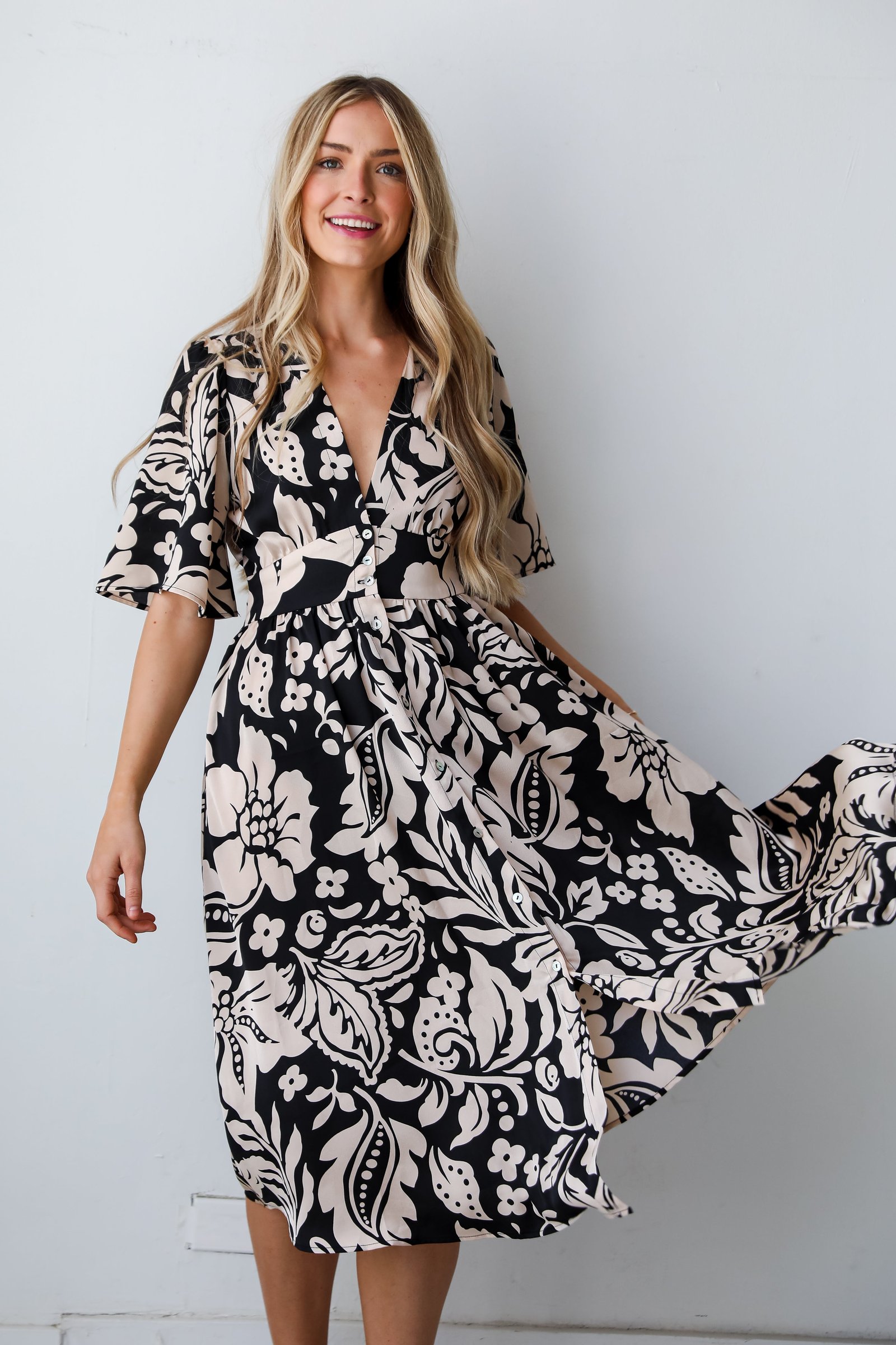 Stunning Time Black Floral Midi Dress MB13