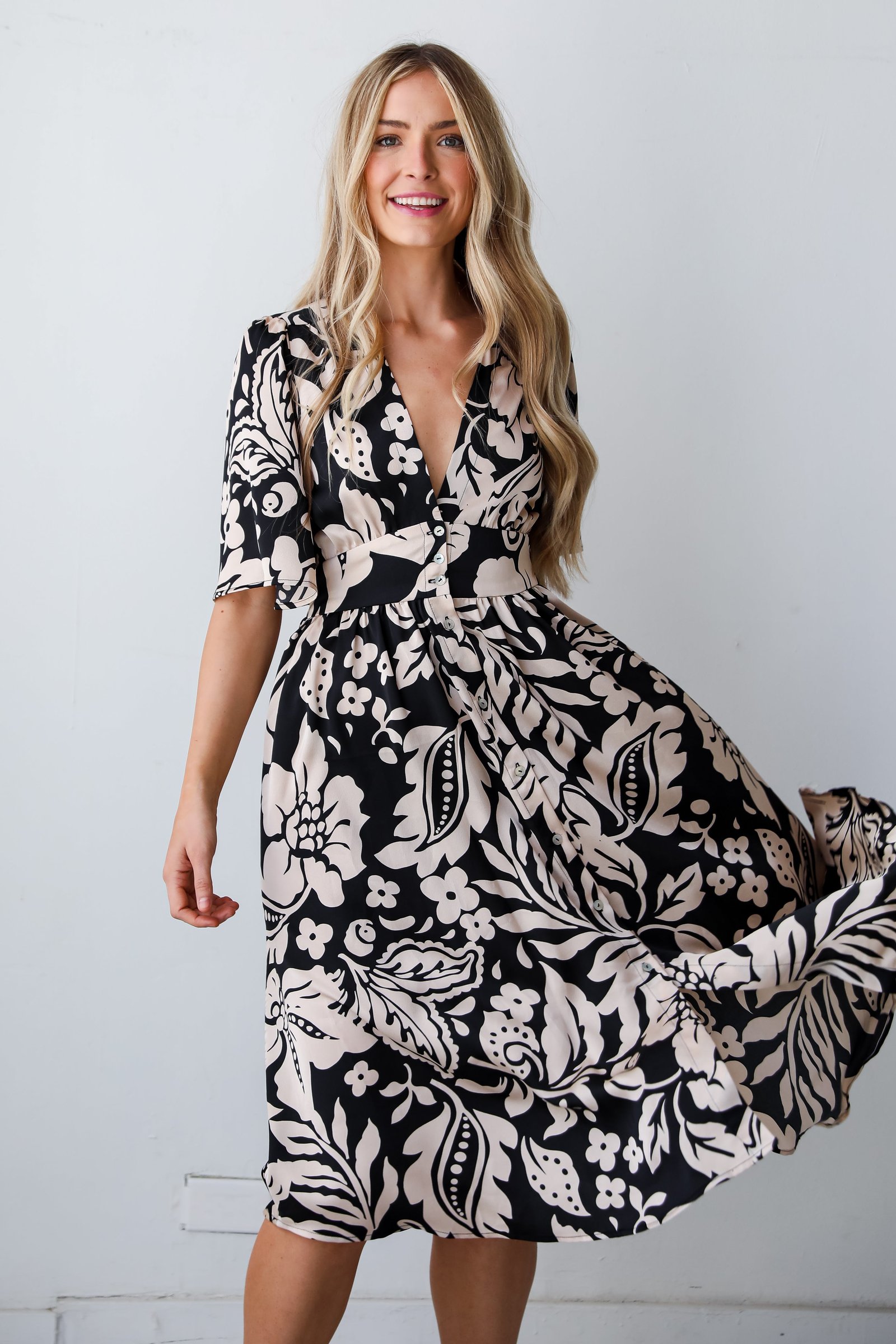 Stunning Time Black Floral Midi Dress MB13