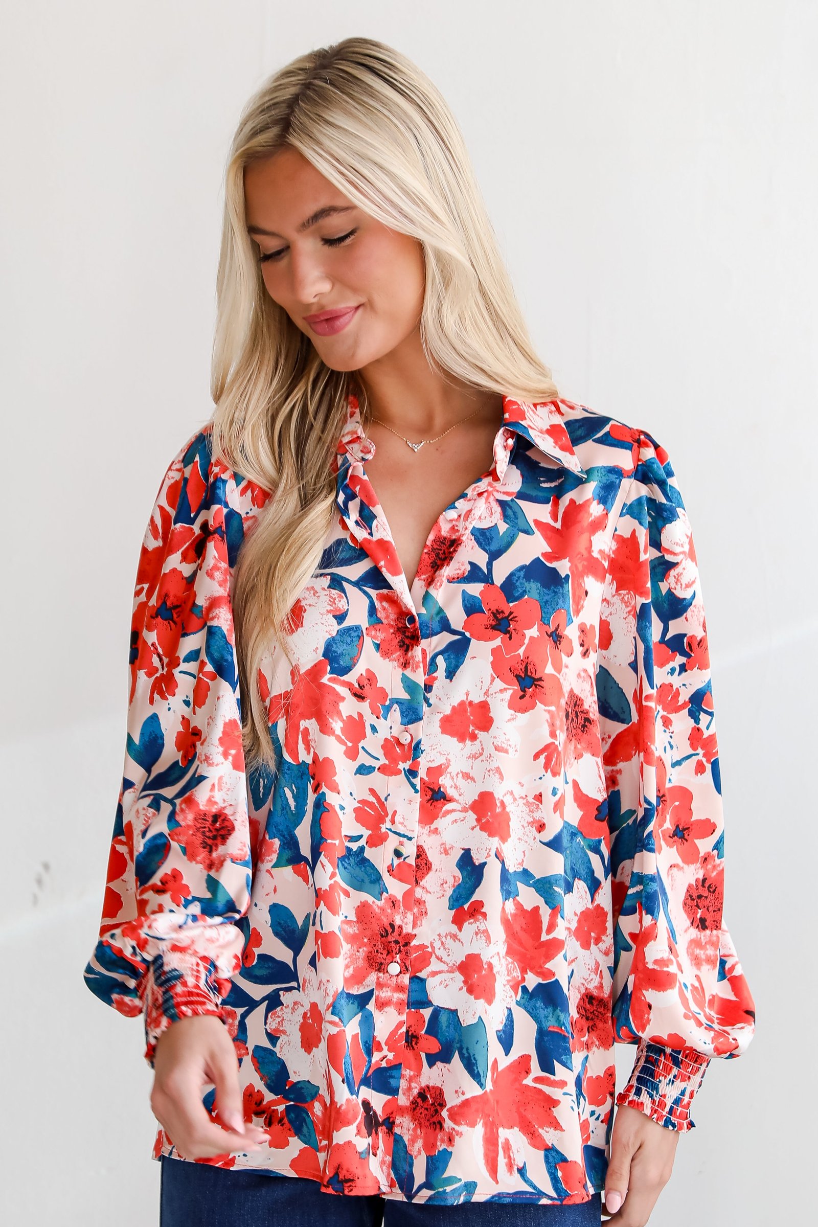 Dreamy Personality Coral Satin Floral Button-Up Blouse MB14