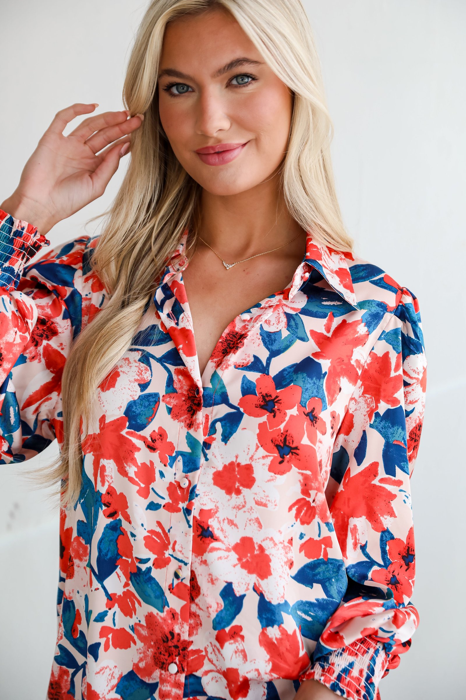 Dreamy Personality Coral Satin Floral Button-Up Blouse MB14