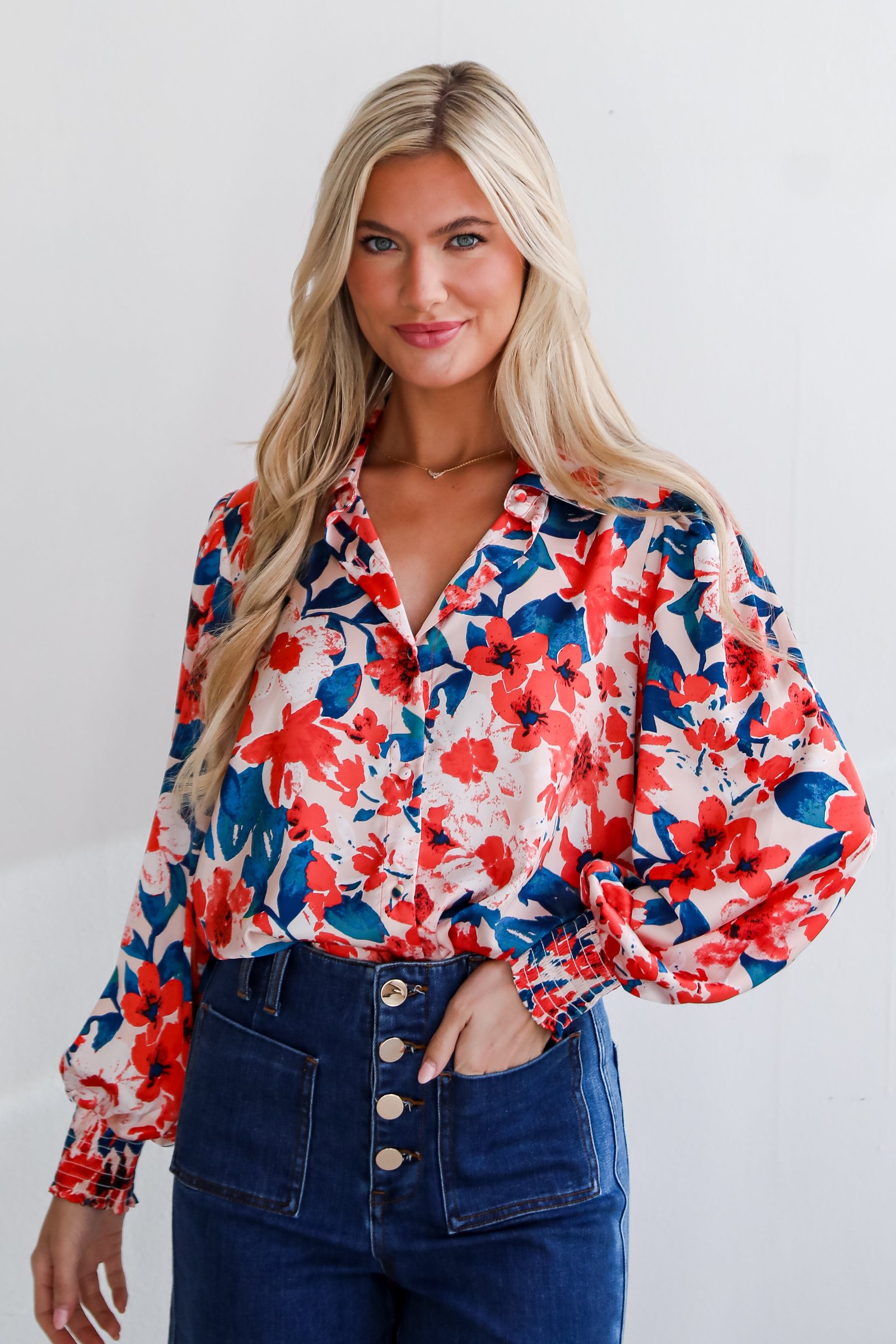 Dreamy Personality Coral Satin Floral Button-Up Blouse MB14