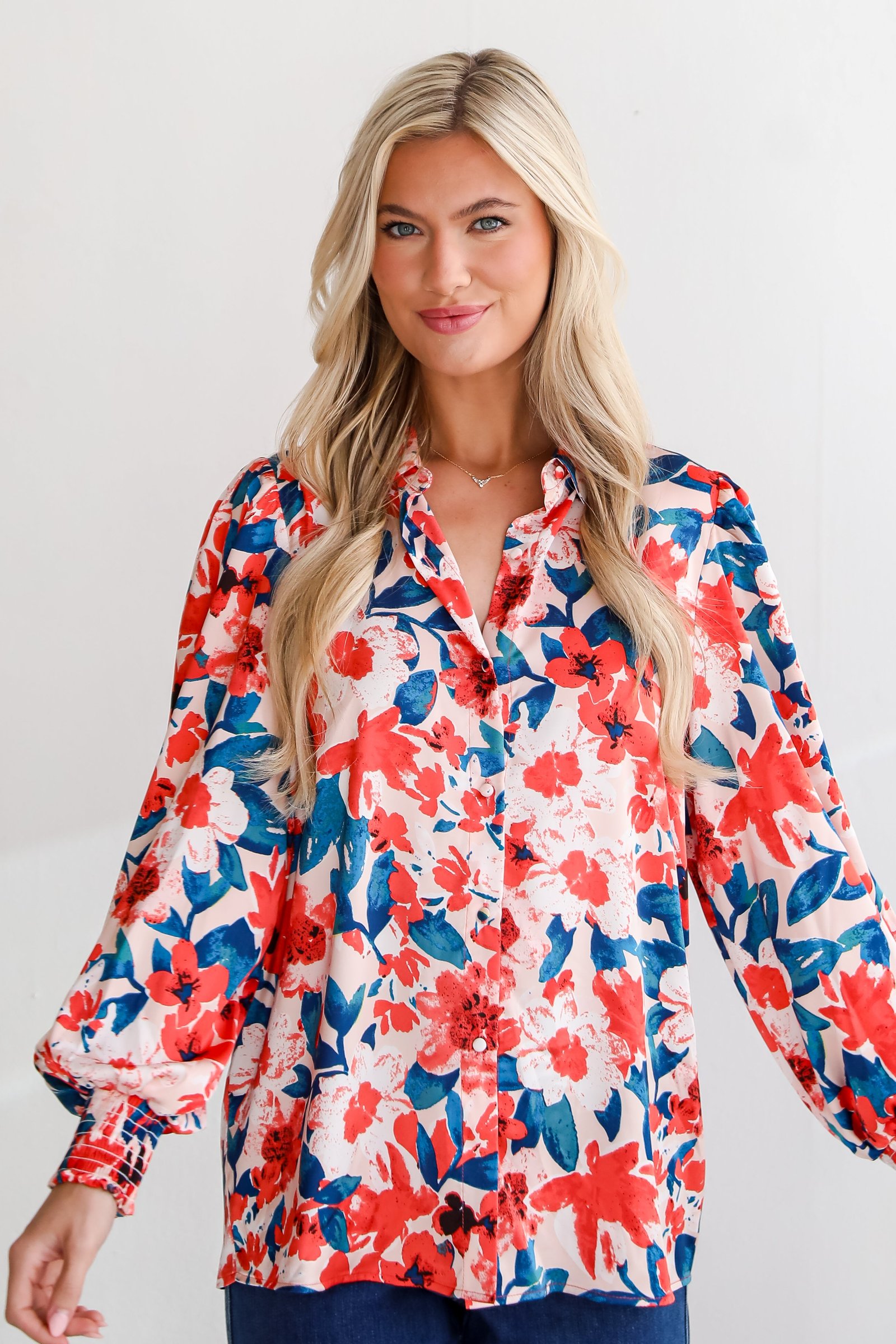 Dreamy Personality Coral Satin Floral Button-Up Blouse MB14