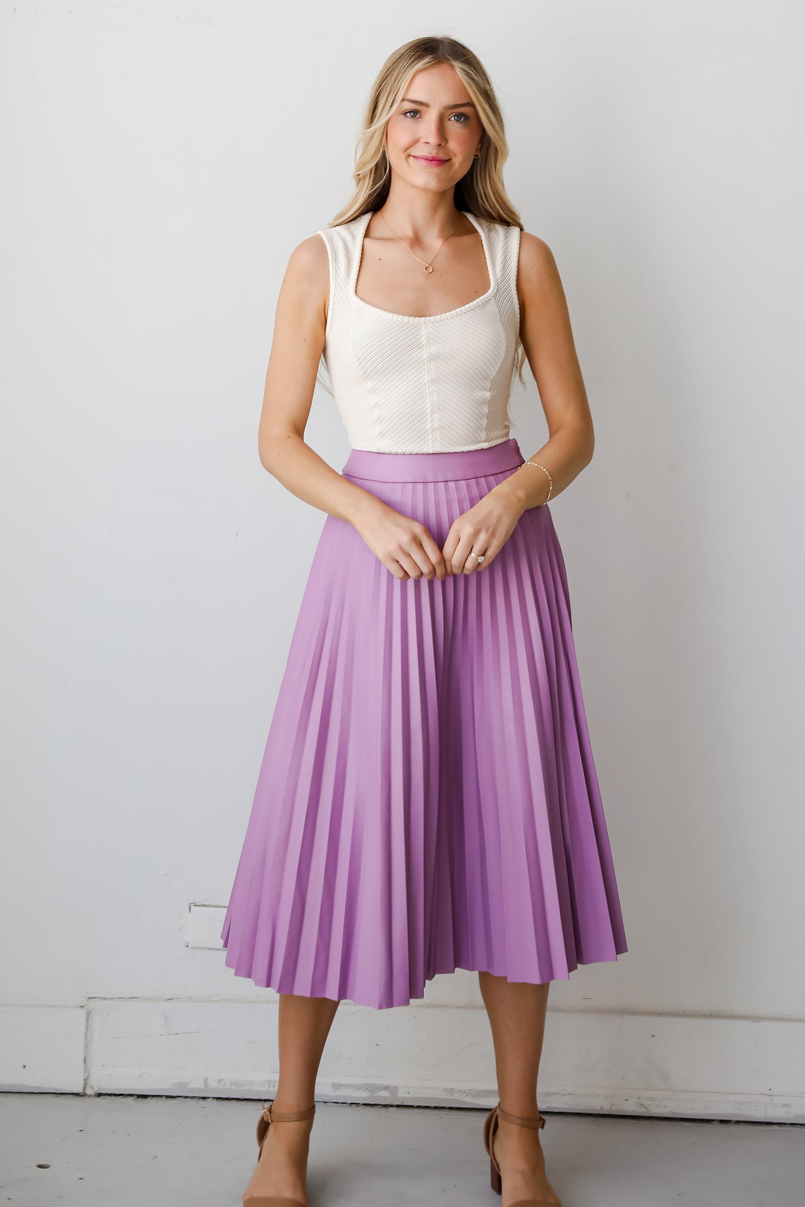 Trendy Ease Lavender Leather Pleated Midi Skirt MB12