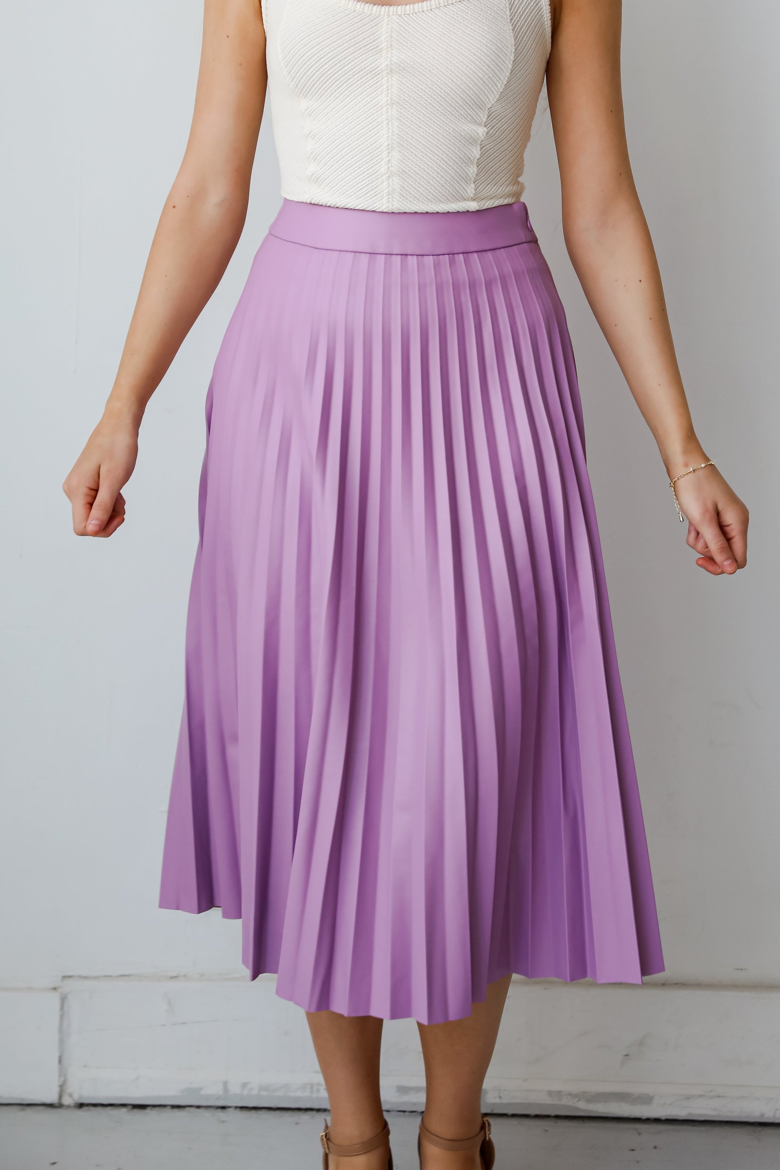 Trendy Ease Lavender Leather Pleated Midi Skirt MB12